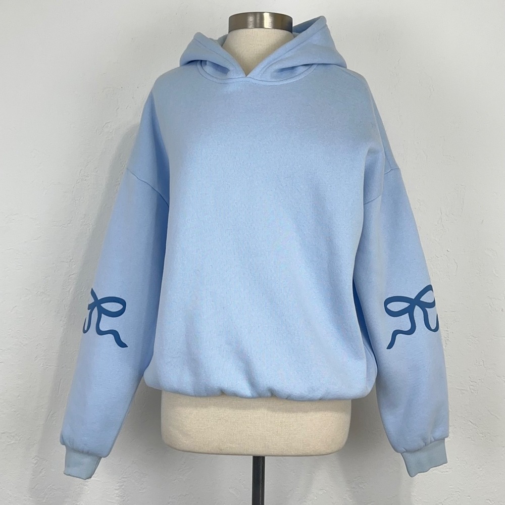 Edikted Womens Bonney Bow Detail Hoodie Size Large Light Blue Oversized Fleece